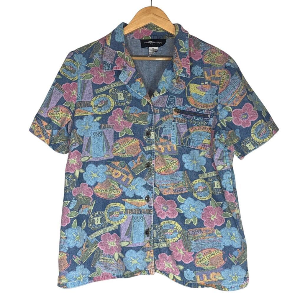 Vintage 90s Tourist Button Down Top Womens Large Denim Novelty Vacation Traveler